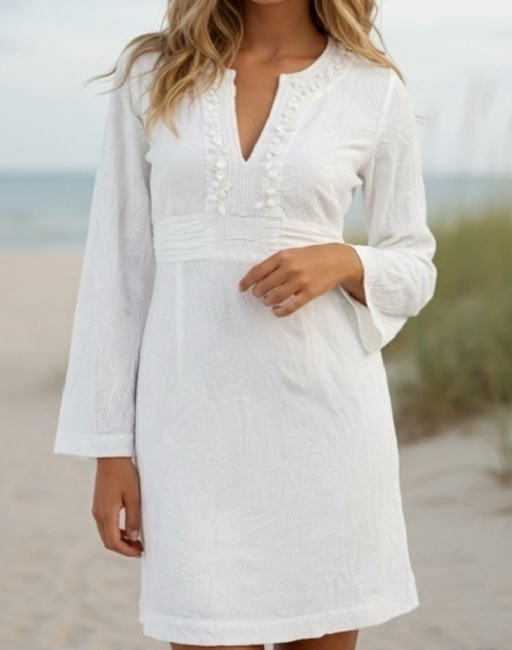 Lilly Pulitzer White Long-Sleeve Embroidered V-Neck Dress Shells. Beach Wedding.